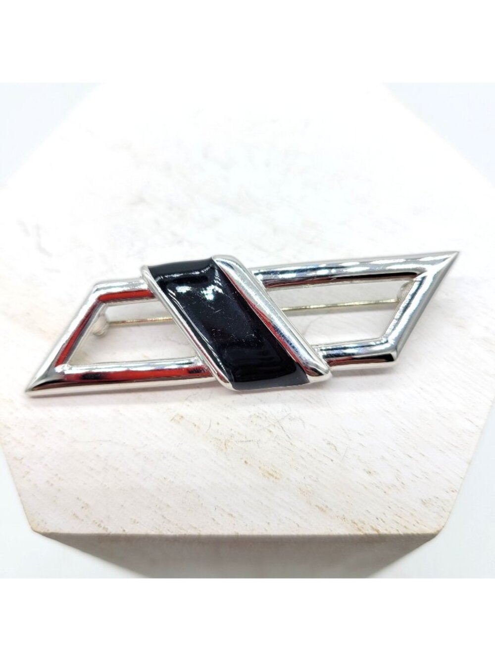 Monet Geometric Silver Tone Brooch Black Enamel Accent 2"